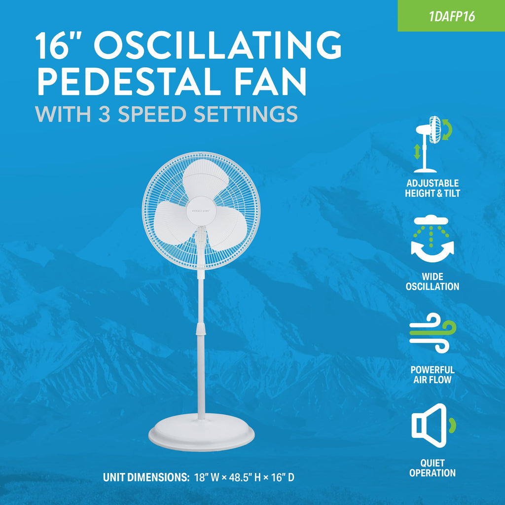 16" Oscillating Pedestal Fan with 3 Speed Settings, White N650221
