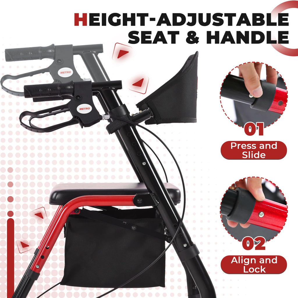 Foldable Lightweight Rolling Walker with Seat, 8" Wheels, 300 lb. Capacity, Red R624912