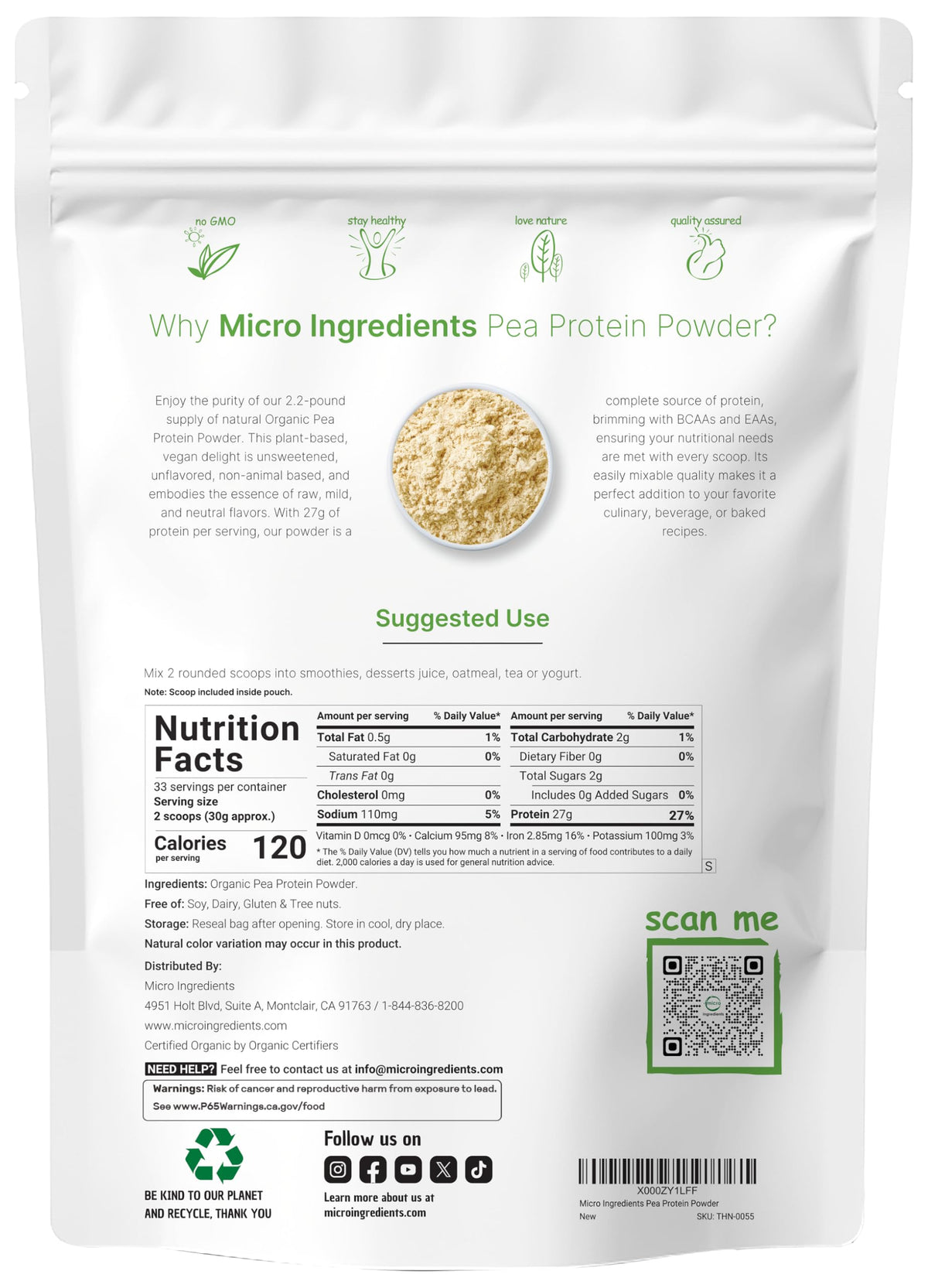 Organic Pea Protein Powder, 1KG (2.2 Pounds), Plant-Based Vegan Q950682