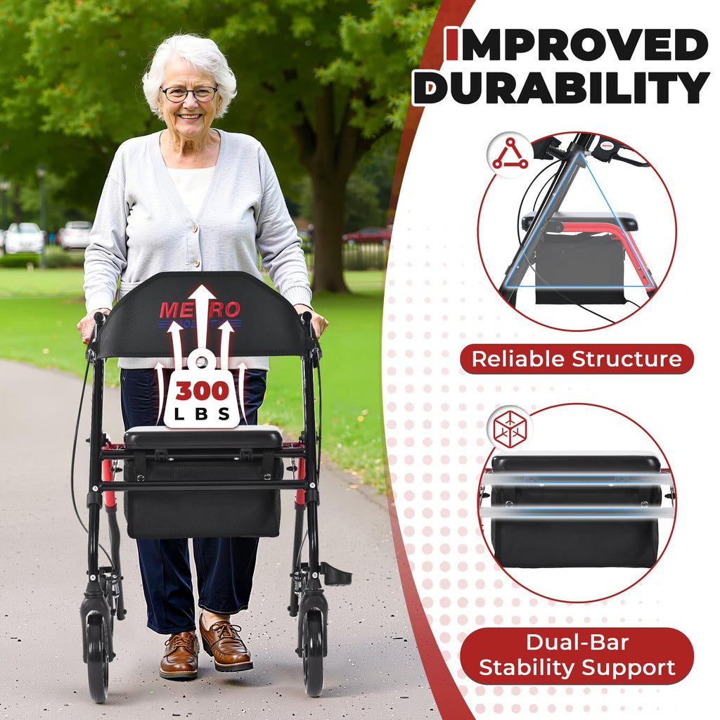 Foldable Lightweight Rolling Walker with Seat, 8" Wheels, 300 lb. Capacity, Red R624912