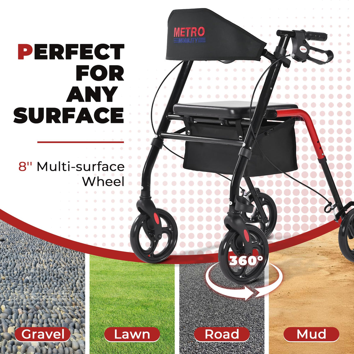 Foldable Lightweight Rolling Walker with Seat, 8" Wheels, 300 lb. Capacity, Red R624912