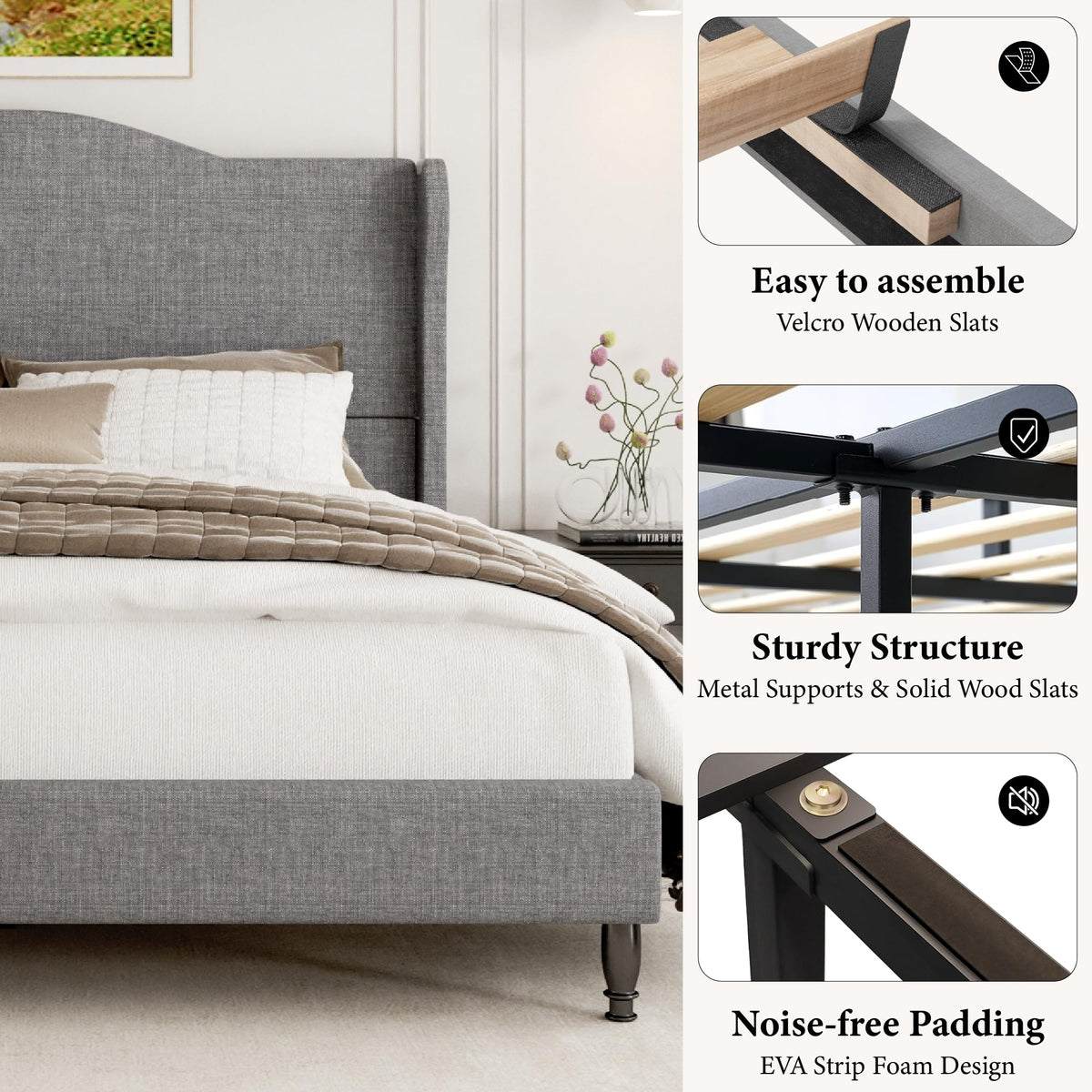 Queen Size Light Grey Upholstered Headboard Bed Frame J5914