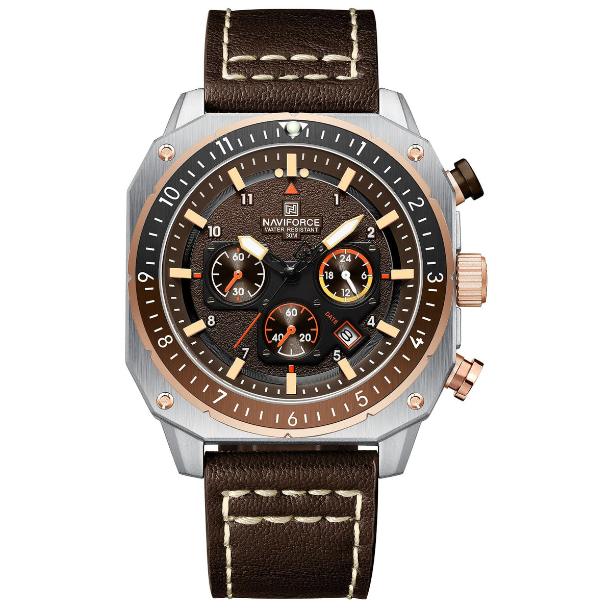 Men's Square Big Face Waterproof Chronograph Leather Strap Watch F68526