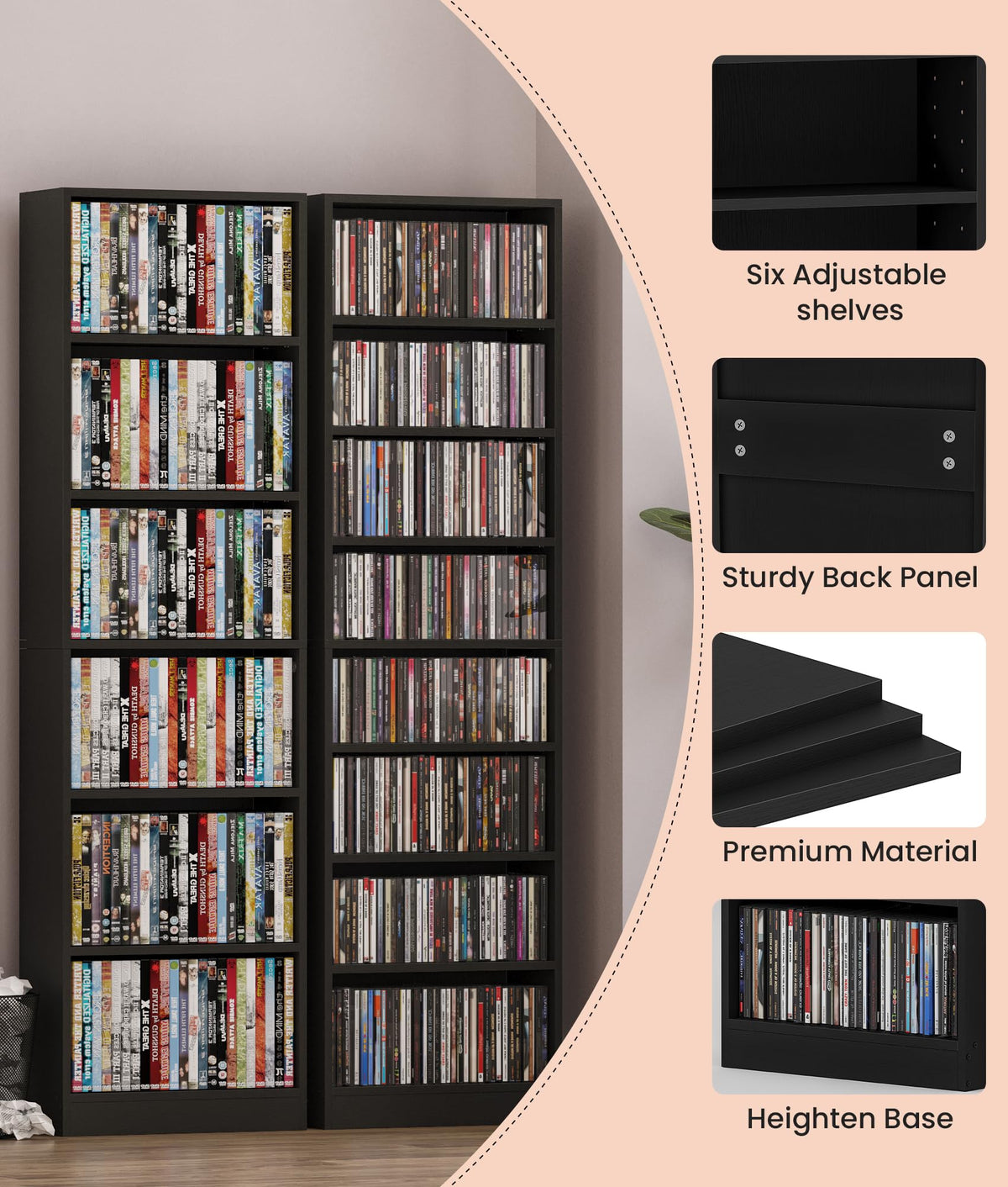 6 Tier Black Adjustable Media Shelf T97438
