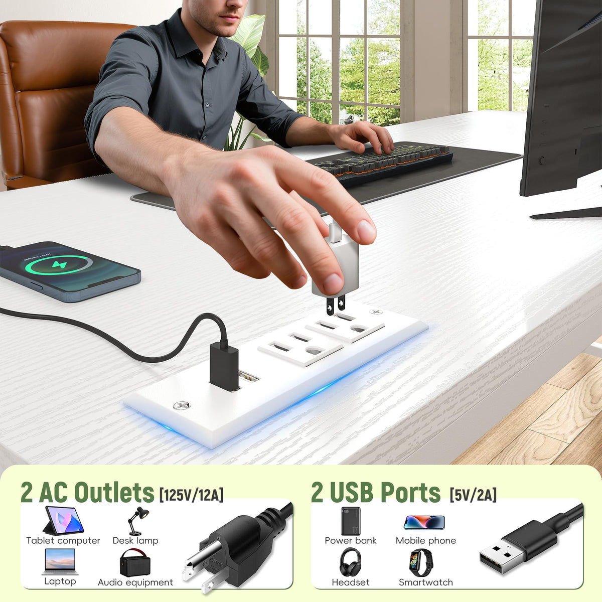 White Computer Desk with Power Outlet G905