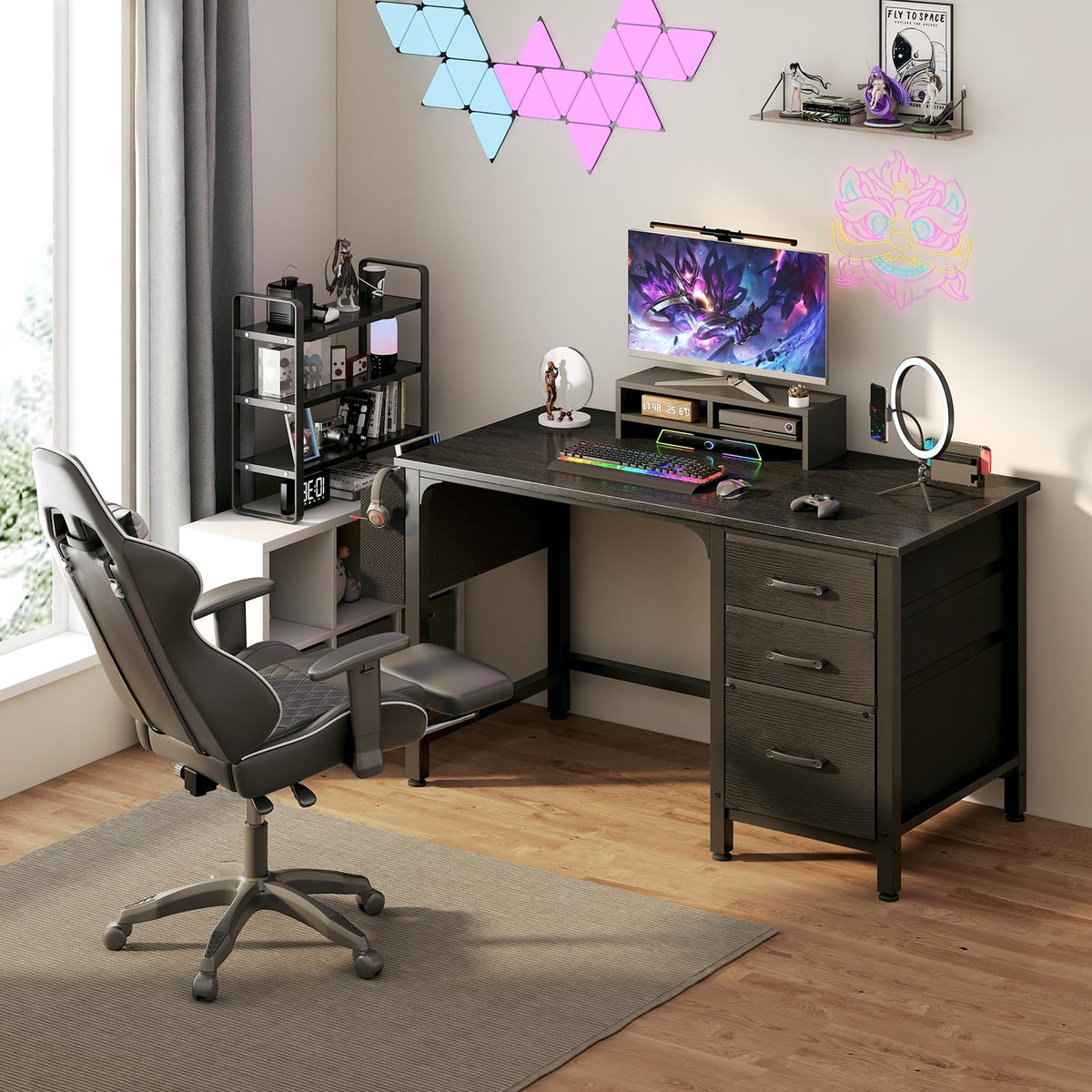 Black 47 Inch Computer Desk with File Drawers Cabinet Z316719
