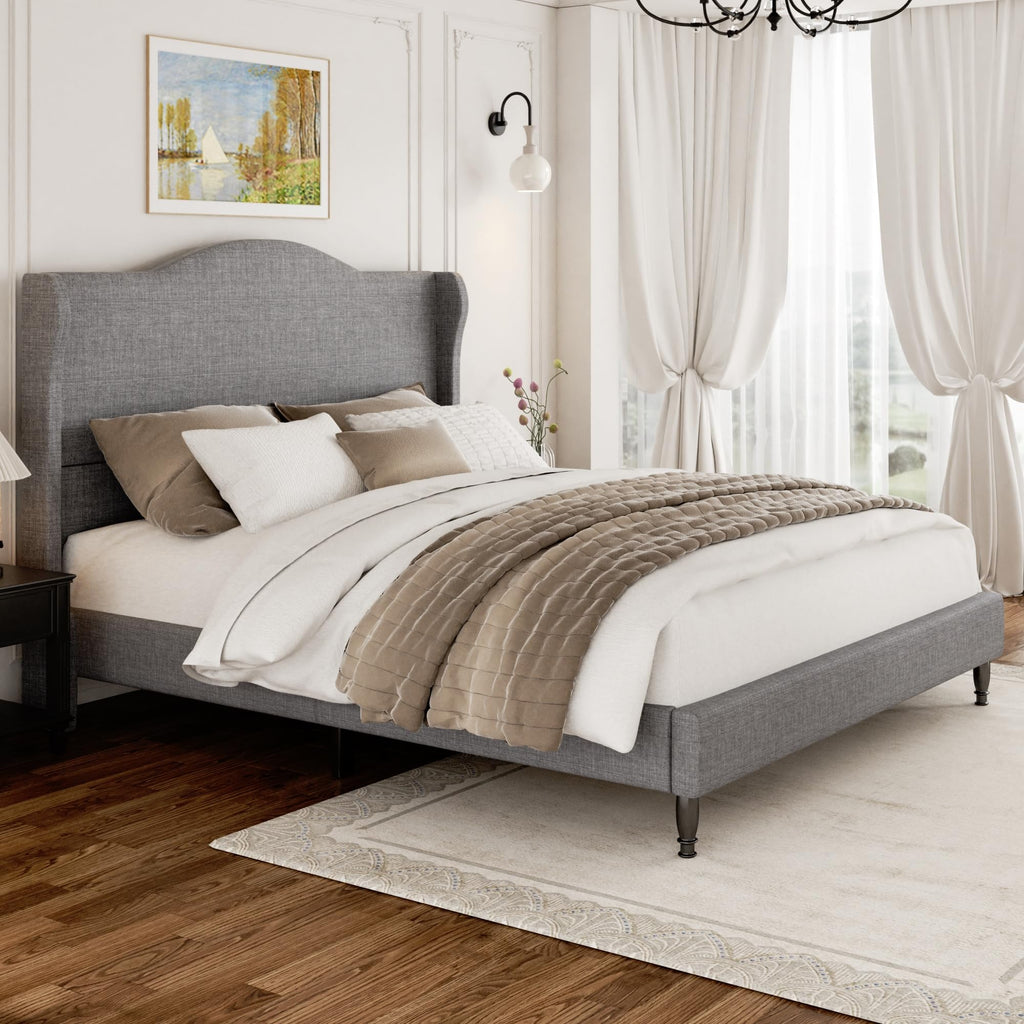 Queen Size Light Grey Upholstered Headboard Bed Frame J5914