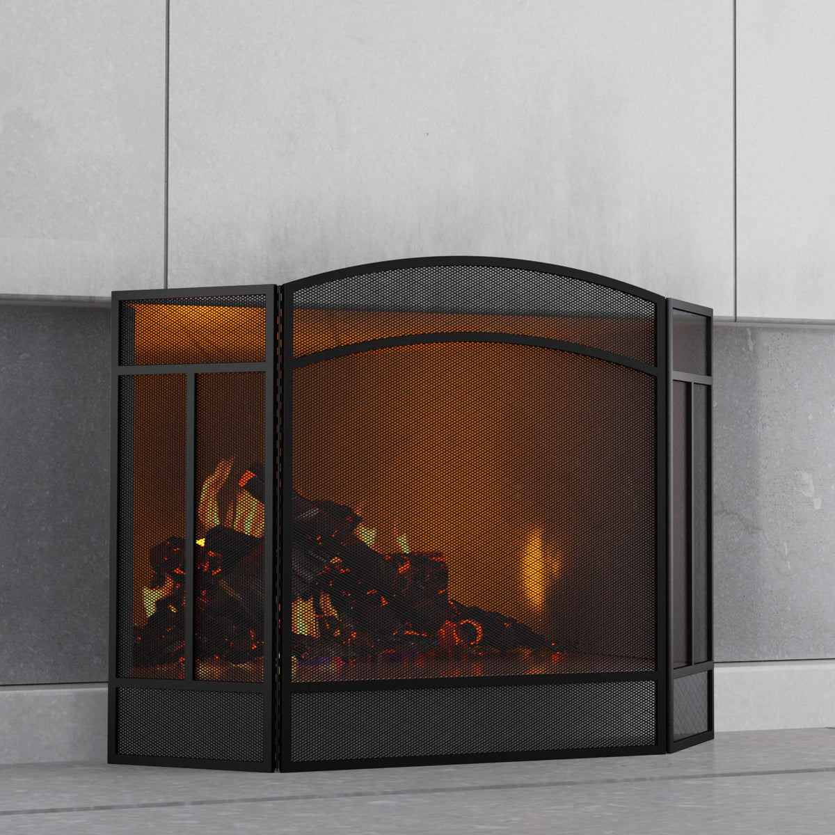 Black 3 Panel Wrought Iron Fireplace Screen D38545