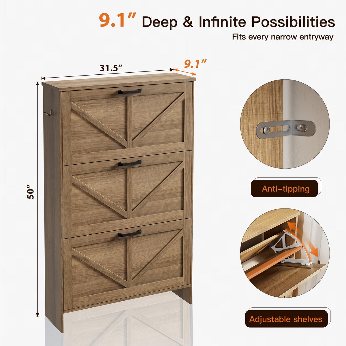 3 Drawer Shoe Storage Tower with Adjustable Shelving N43688