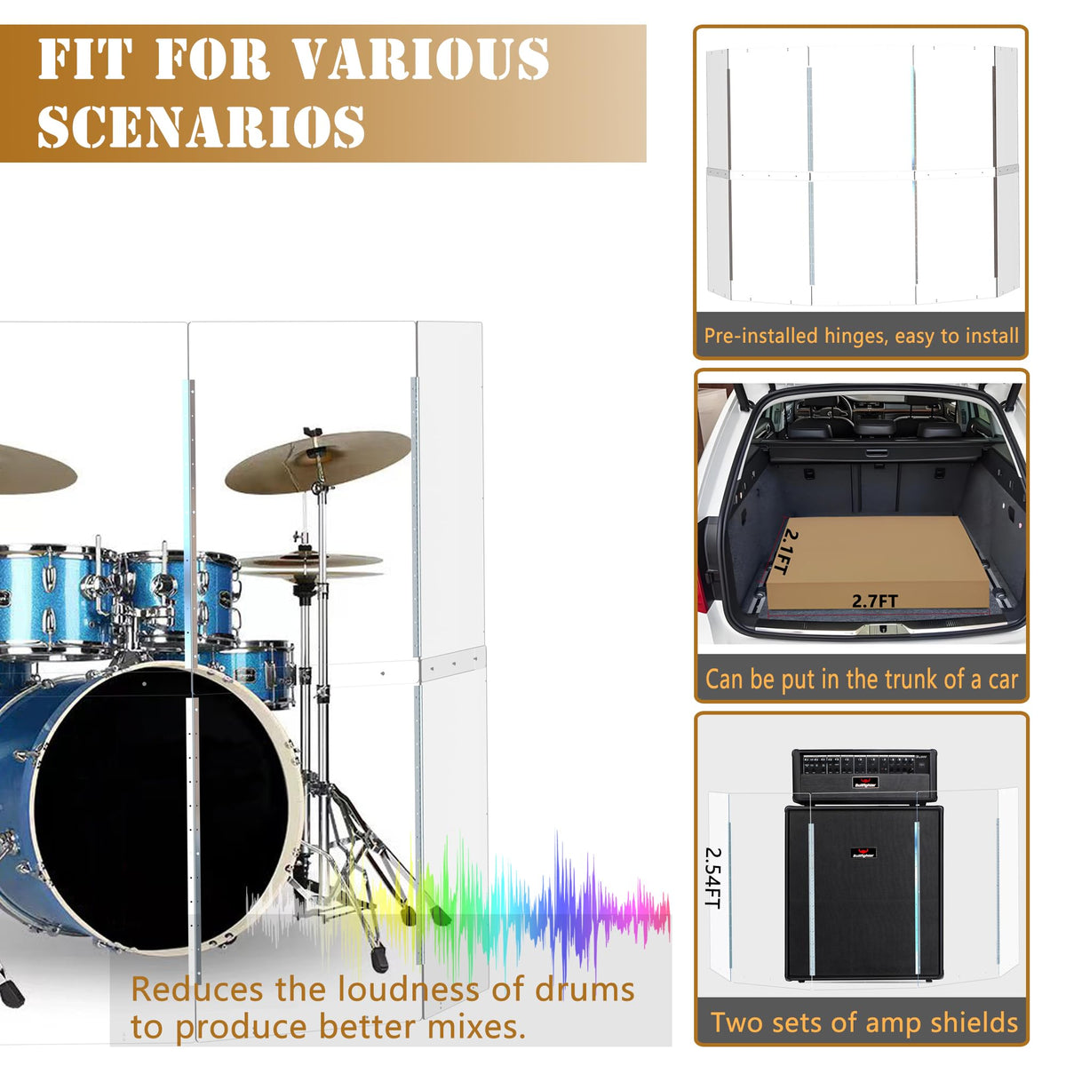 Portable 4 Panels 2ft x 5ft Acrylic Drum Shield W4078