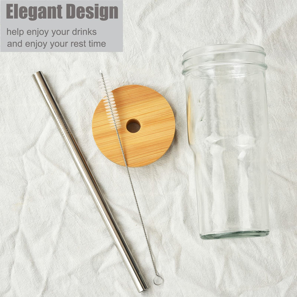 4-Pack 24 OZ Glass Cups with Bamboo Lids and Straws Q168