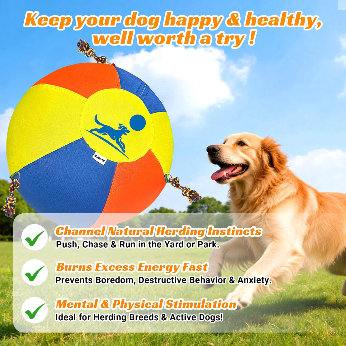 25" Heavy-Duty Herding Ball for Dogs with Knotted Ropes M33066