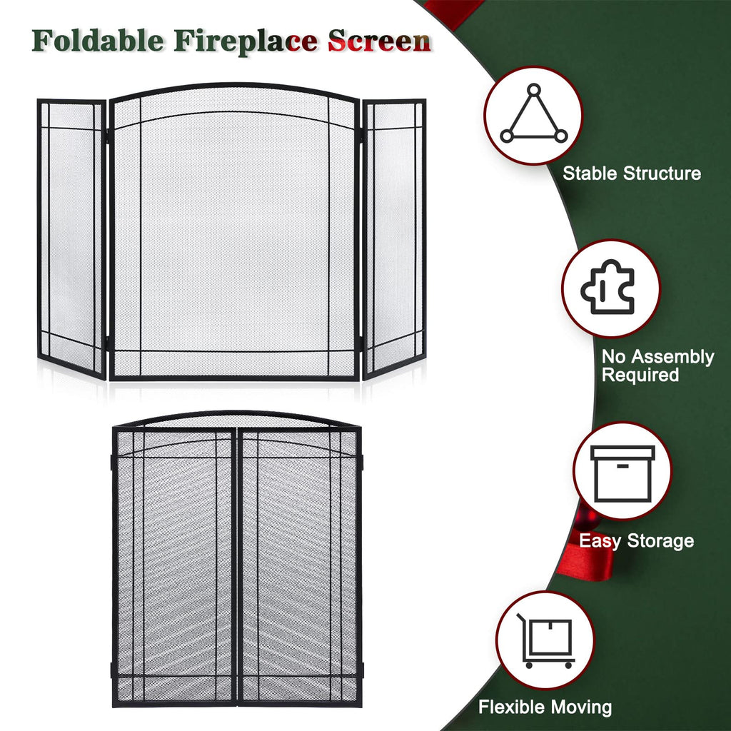 3 Panel 48" W x 29" H Foldable Wrought Metal Decorative Mesh Fireplace Screen K6124