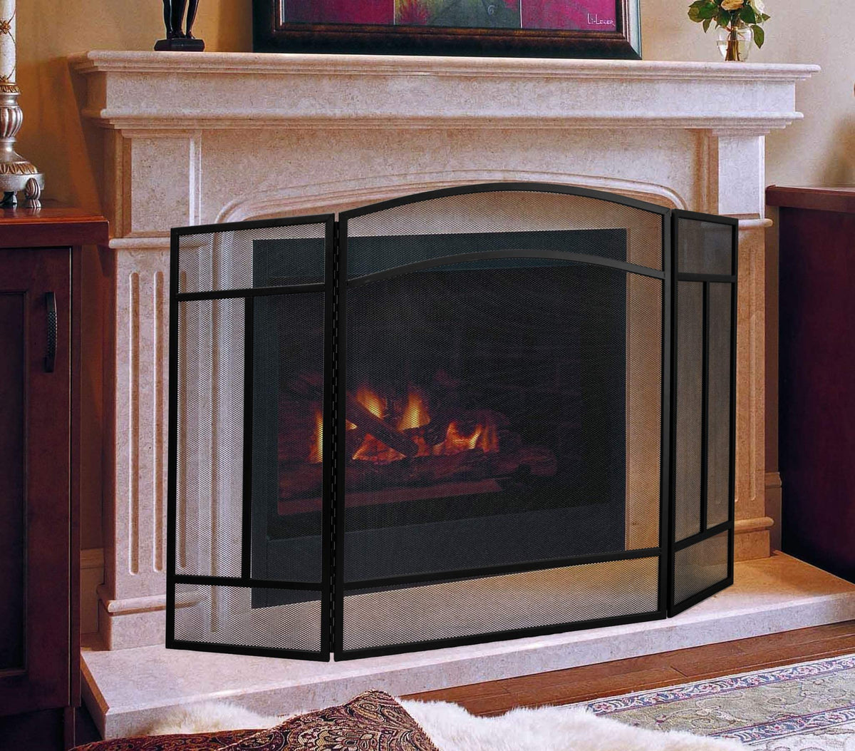 Black 3 Panel Wrought Iron Fireplace Screen D38545