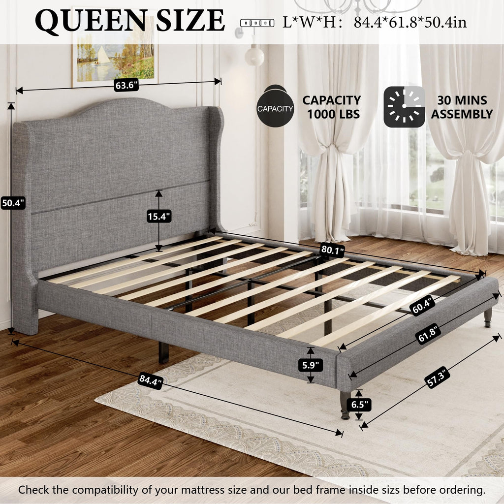 Queen Size Light Grey Upholstered Headboard Bed Frame J5914