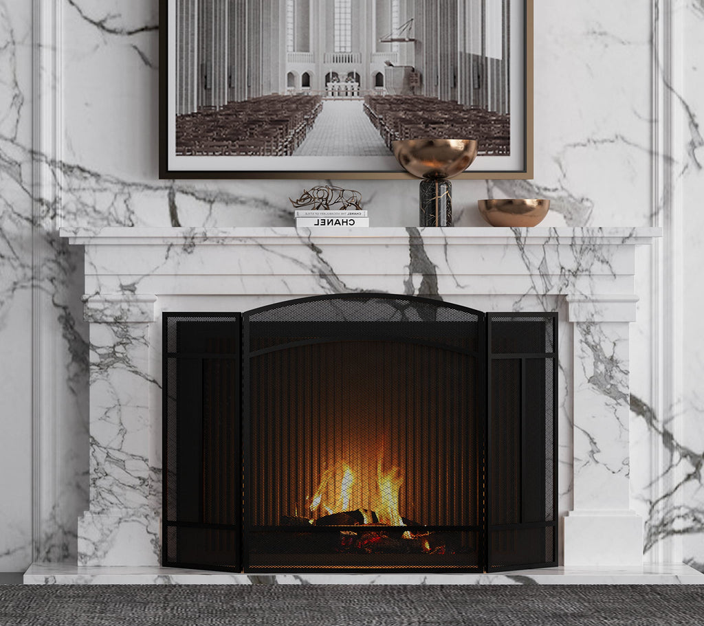 Black 3 Panel Wrought Iron Fireplace Screen D38545