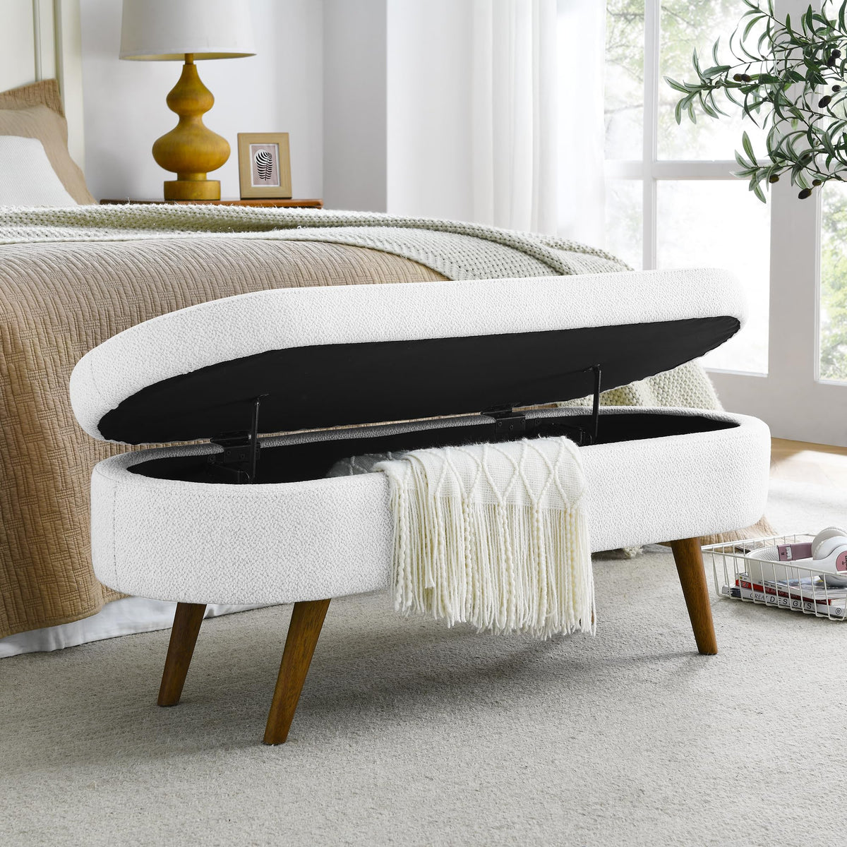 Oval Storage Bench with Rubber Wood Legs, White T35820