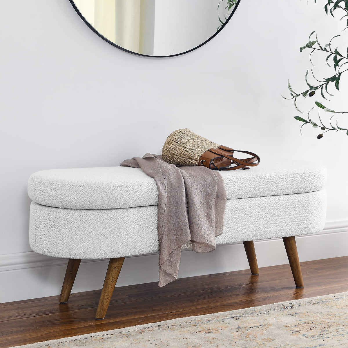 Oval Storage Bench with Rubber Wood Legs, White T35820