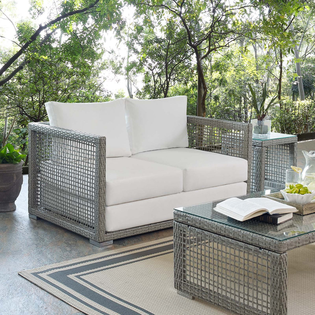 Gray White Wicker Rattan Loveseat with Cushions H9096