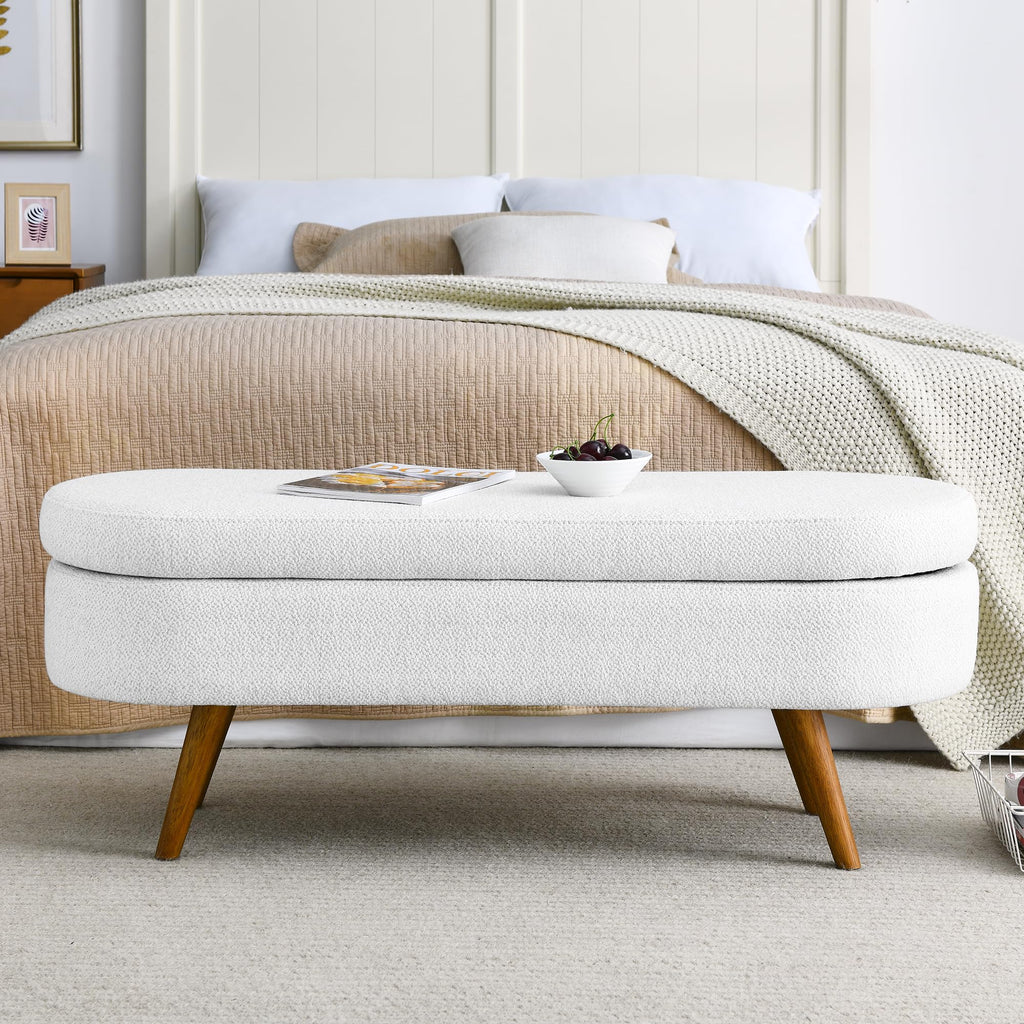 Oval Storage Bench with Rubber Wood Legs, White T35820