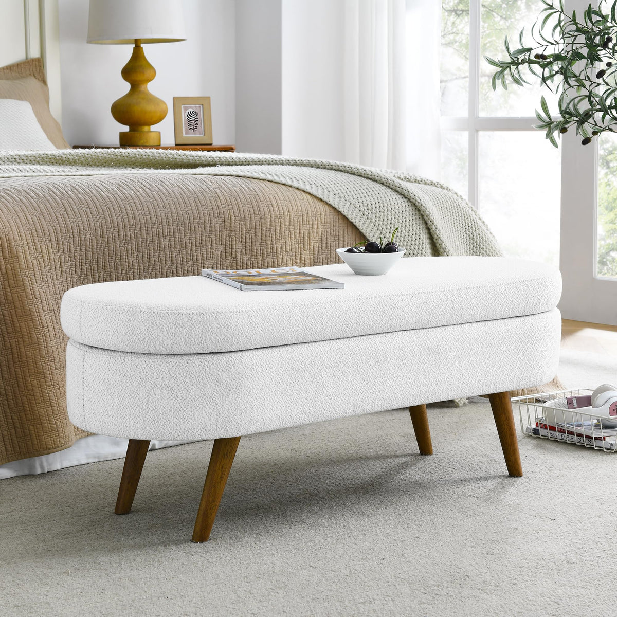 Oval Storage Bench with Rubber Wood Legs, White T35820