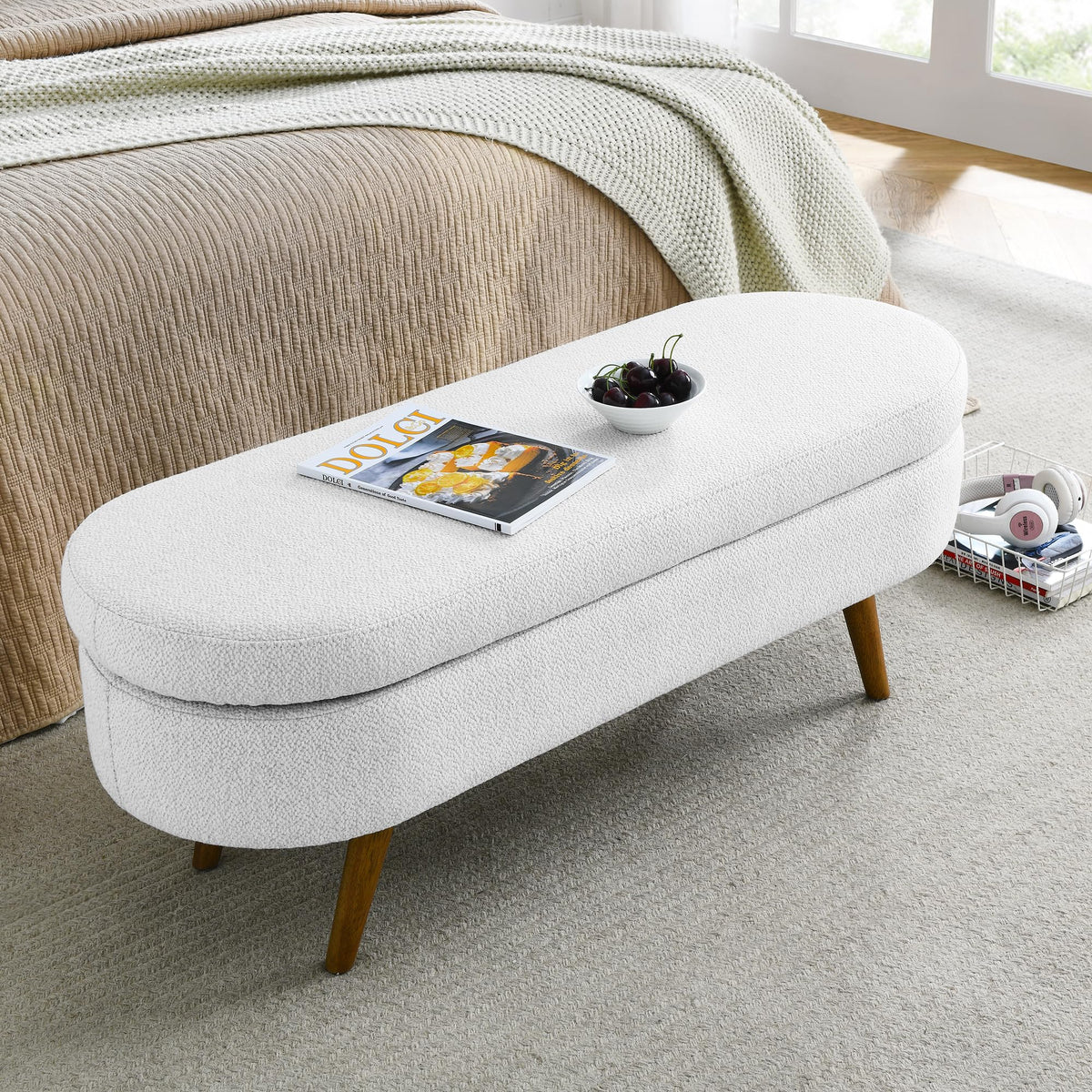 Oval Storage Bench with Rubber Wood Legs, White T35820