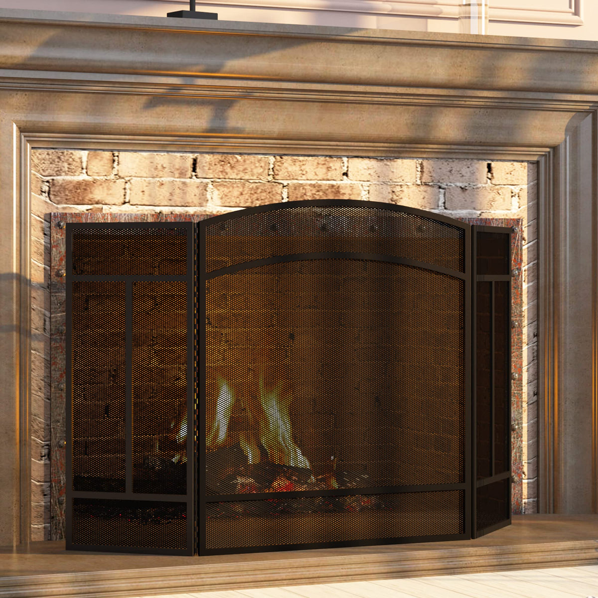 Black 3 Panel Wrought Iron Fireplace Screen D38545